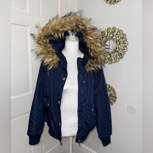 Rocawear Navy Puffer Jacket with Faux Fur Hood Size S.